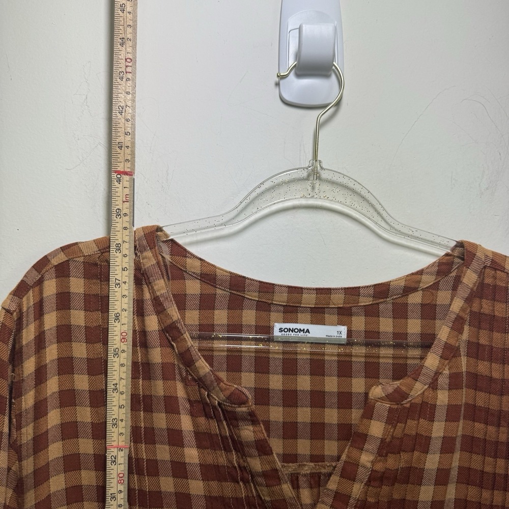 Womens Maple Plaid Pintuck Dress Long Sleeve Tunic Split Y-Neck Pockets 1X Rust - Picture 5 of 8
